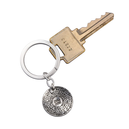 Reverse side of sterling silver teacher key chain with the school year and list of students in the class