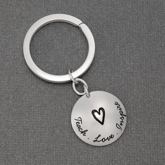 Sterling silver teacher gift for men or women- You Have Made a Difference Key Chain, with words Teach Love Inspire on the front with a heart in the middle