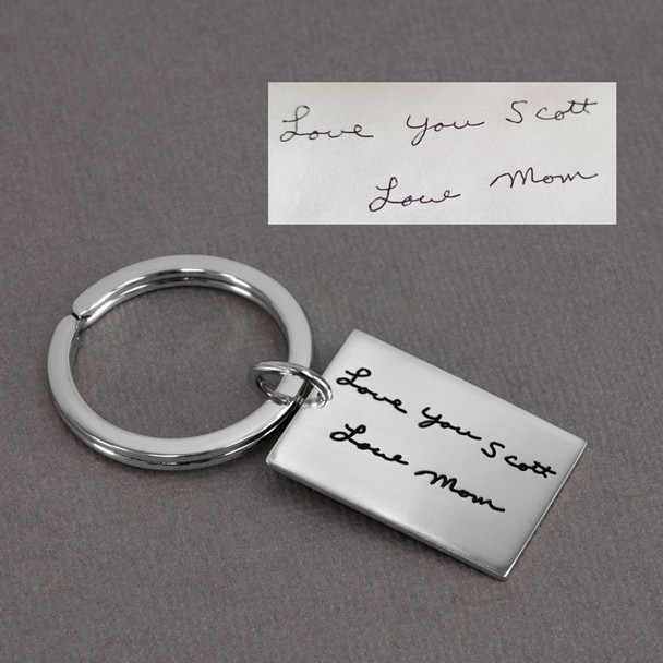 Custom memorial silver key ring, engraved with Mom's actual handwriting, shown with original handwritten signature used to personalize it