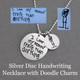 Custom silver doodle charms with child's drawing of mom, shown with Silver Disc Handwriting Necklace engraved with child's actual handwritten note to mom.