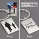 Photo Silhouette of grandfather & grandson on a silver Key Ring, showing front with original picture, and back with grandson's actual signature used to personalize the key chain