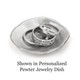Sterling silver ring with hand stamped coordinates, shown in a personalized pewter jewelry dish