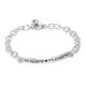 Silver personalized hand stamped coordinates bracelet, with custom location, shown on white