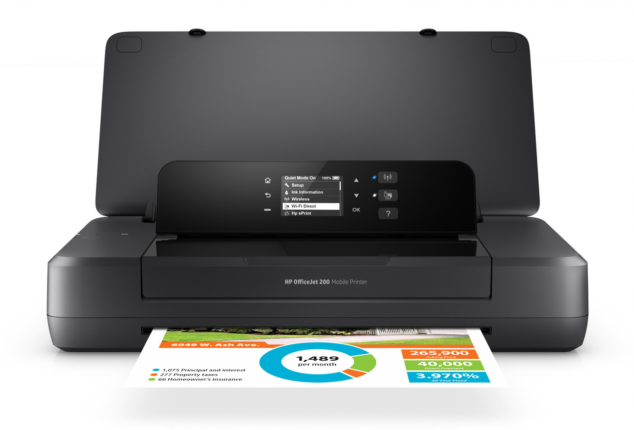 HP OfficeJet 200 Mobile Printer, Center, Front, open, with output