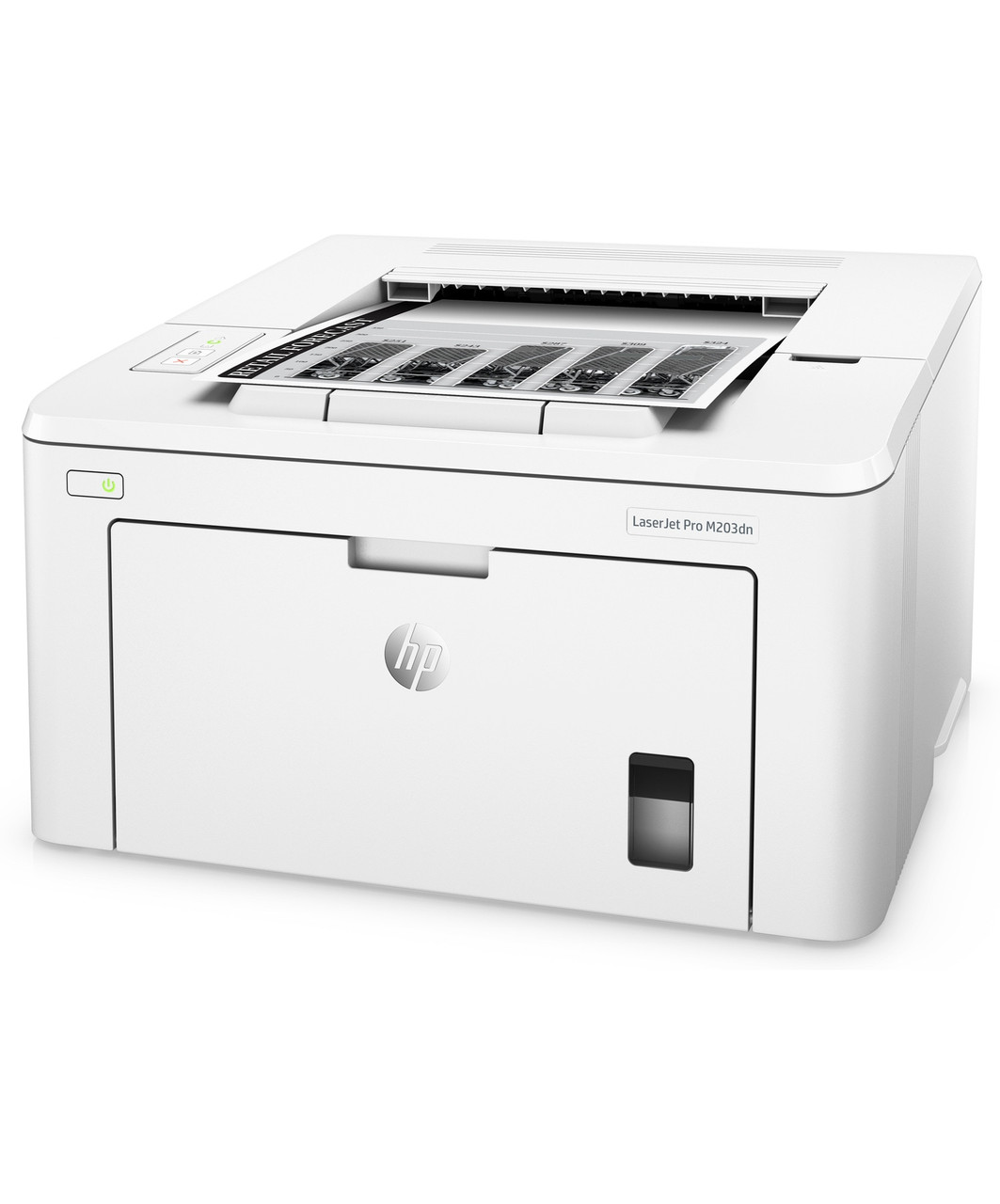 HP LasesrJet Pro M203dn, Left facing, with output