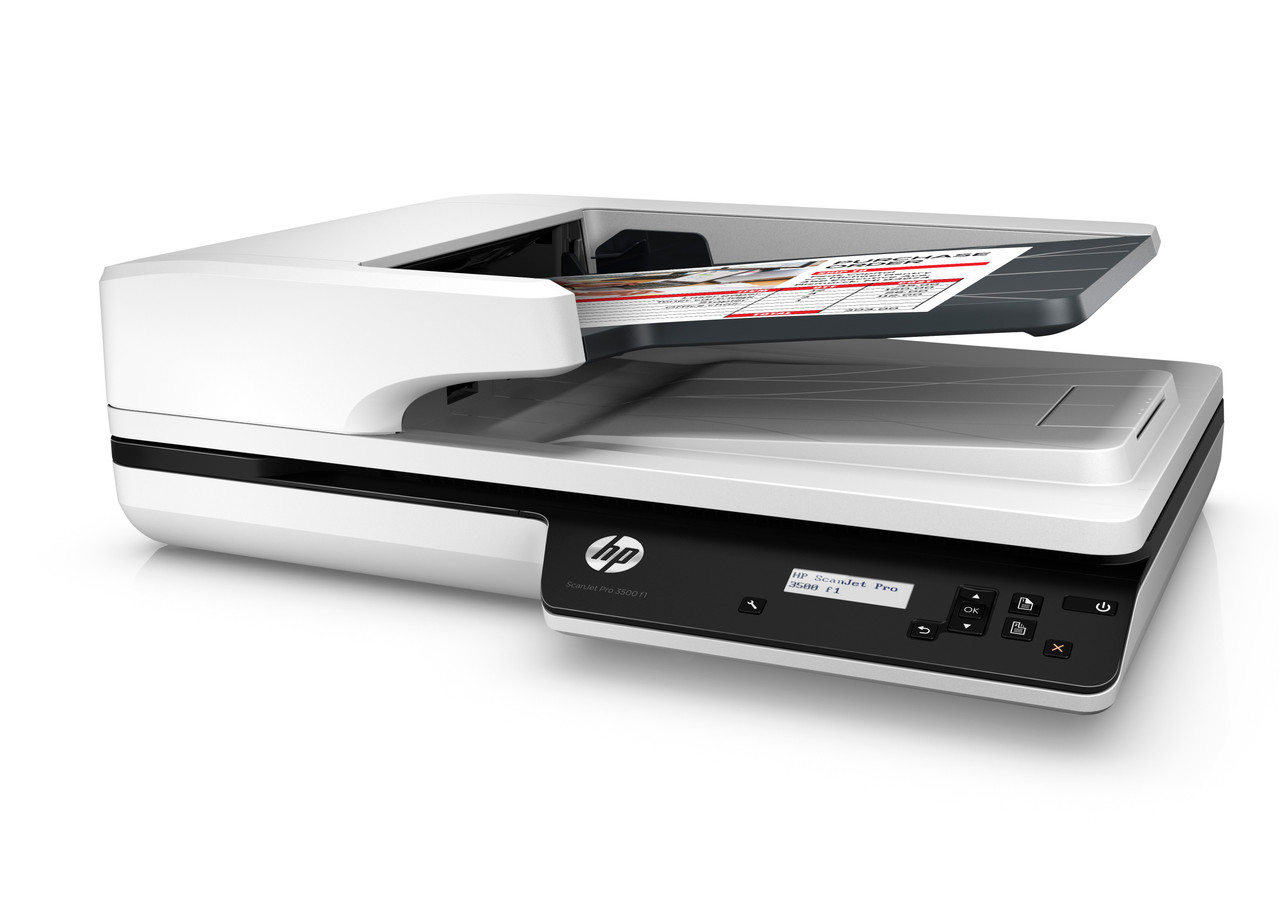 HP ScanJet Pro 3500 f1 Flatbed Scanner, Left facing, with document