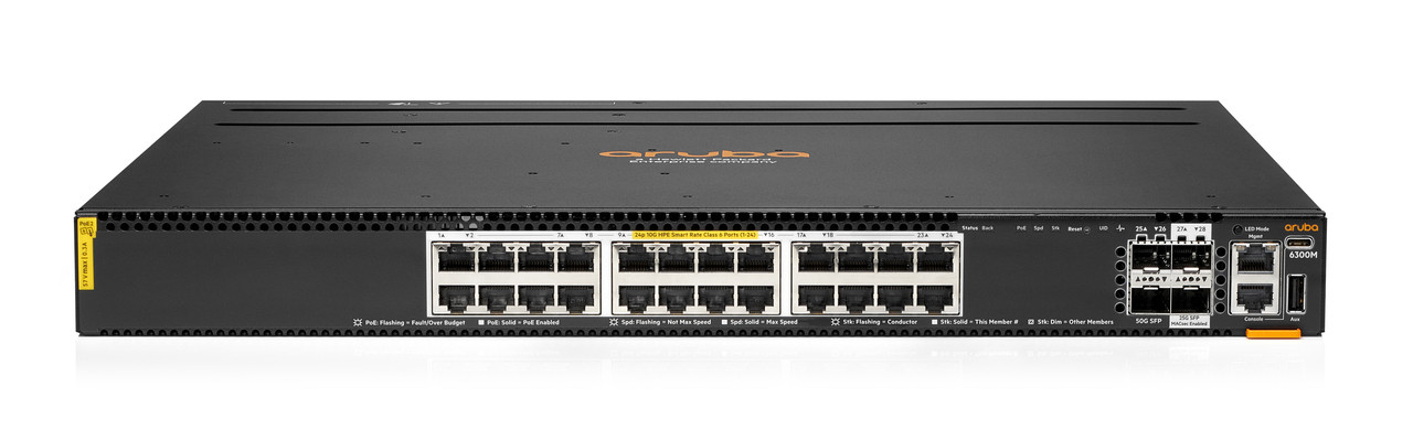 Aruba CX 6300M Switch Series, Aruba 6300M 24p HPE Smart Rate 1G/2.5G/5G/10G CL6 PoE and 2p 50G and 2p 25G Switch