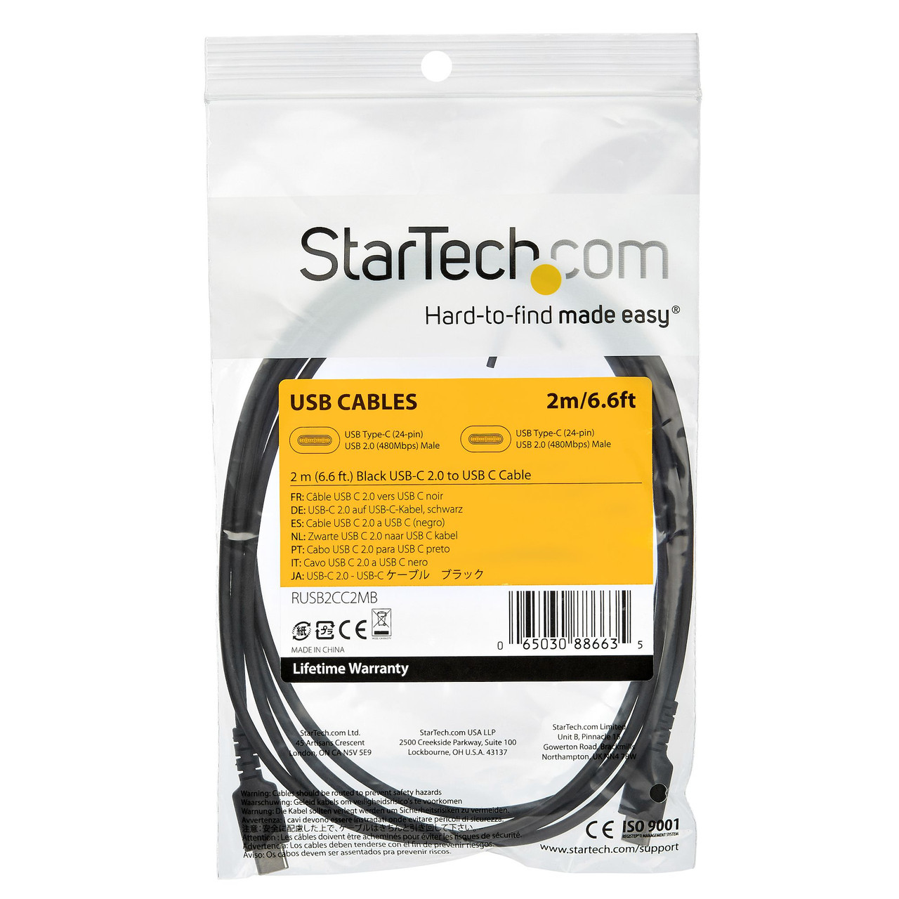 StarTech.com 2m USB C Charging Cable - Durable Fast Charge & Sync USB 2.0 Type C to USB C Laptop Charger Cord - TPE Jacket Aramid Fiber M/M 60W Black - Samsung S10 S20 iPad Pro MS Surface