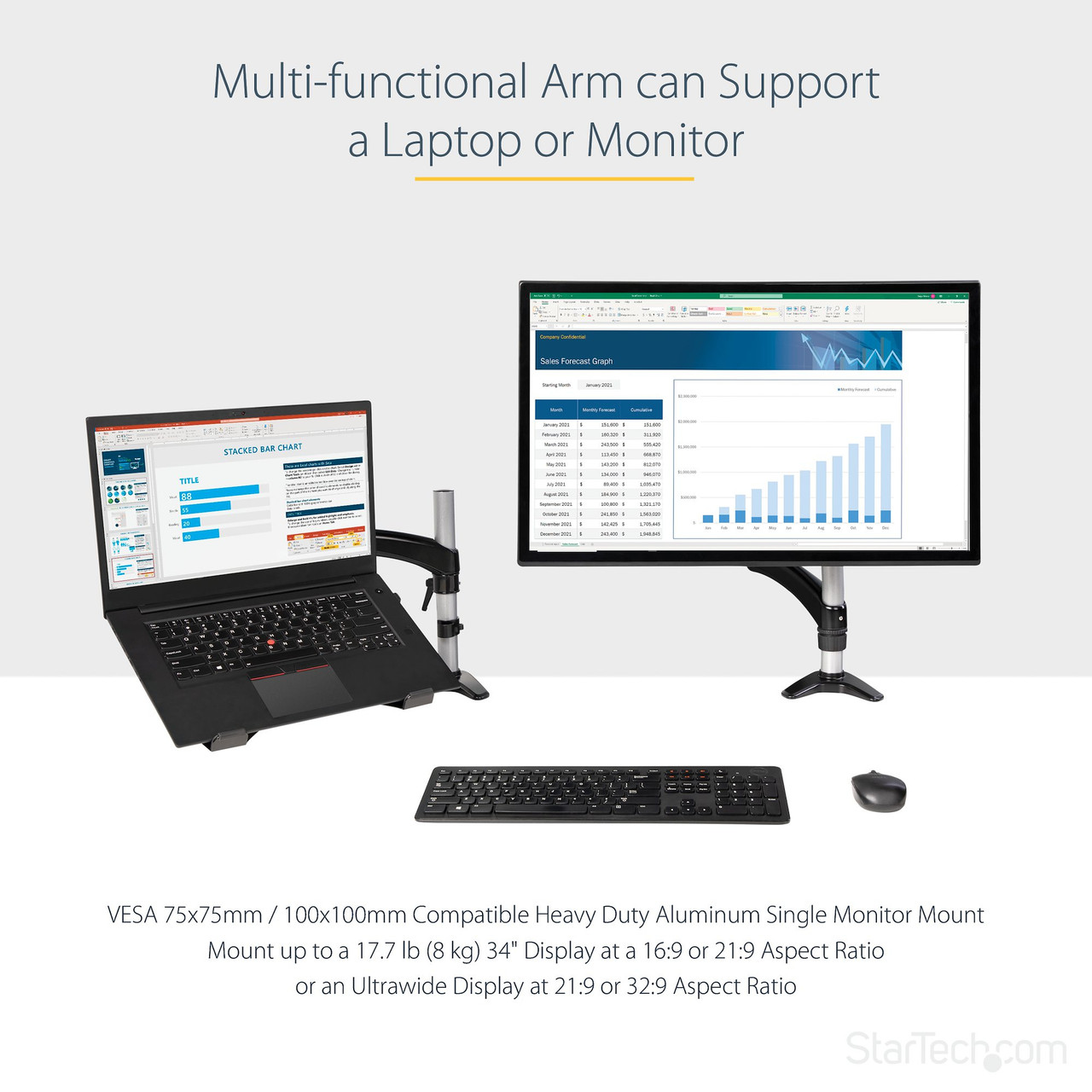 StarTech.com Desk Mount Laptop Arm - Full Motion Articulating Arm for Laptop or Single 34" Monitor - VESA Mount Laptop Tray Bracket - Ergonomic Adjustable Notebook Stand - Desk-Clamp