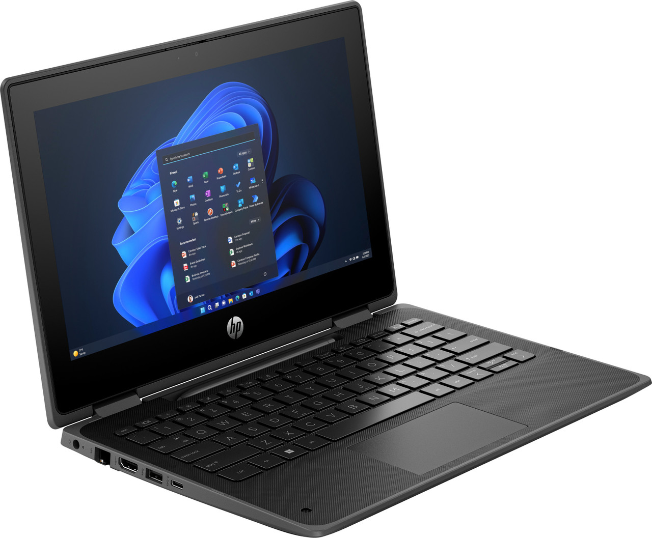 HP Pro x360 Fortis 11inch G11 Notebook PC Jet Black T nonFPR HDcam Win11 CoreSet WhiteBG FrontRight