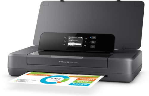 HP OfficeJet 200 Mobile Printer, Left facing, open, with output