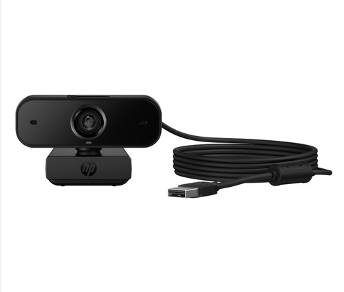 HP 435 FHD Webcam JetBlack ShutterOpen CableCoiled CoreSet Front WhiteBG