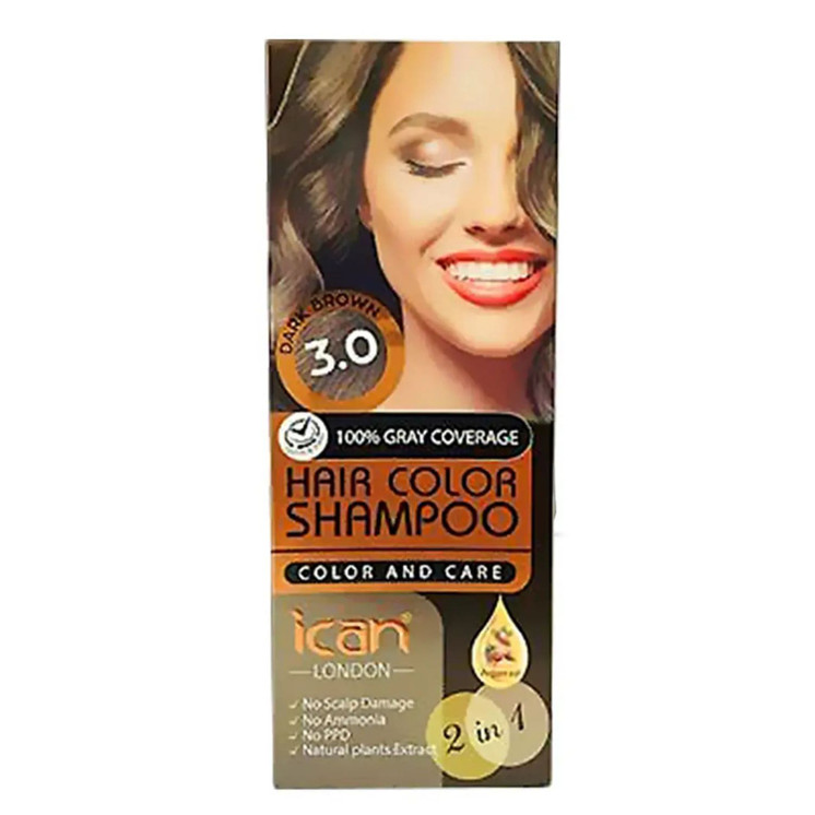 Ican Hair Color Shampoo Dark Brown 3.0 100% Gray Coverage 400ml