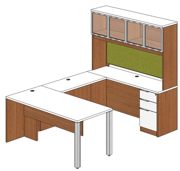 Rectangular Peninsula U-Shape Desk with Aluminum Frame Door Hutch and Right Bridge