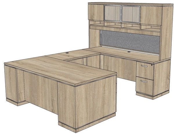 Milano Straight Front U-Shape Desk with Laminate and Frosted Acrylic Hutch - Right Bridge