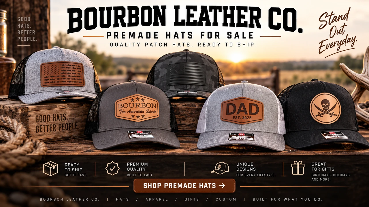 Premade leather patch hats by Bourbon Leather Co. featuring engraved leather designs on Richardson trucker hats.