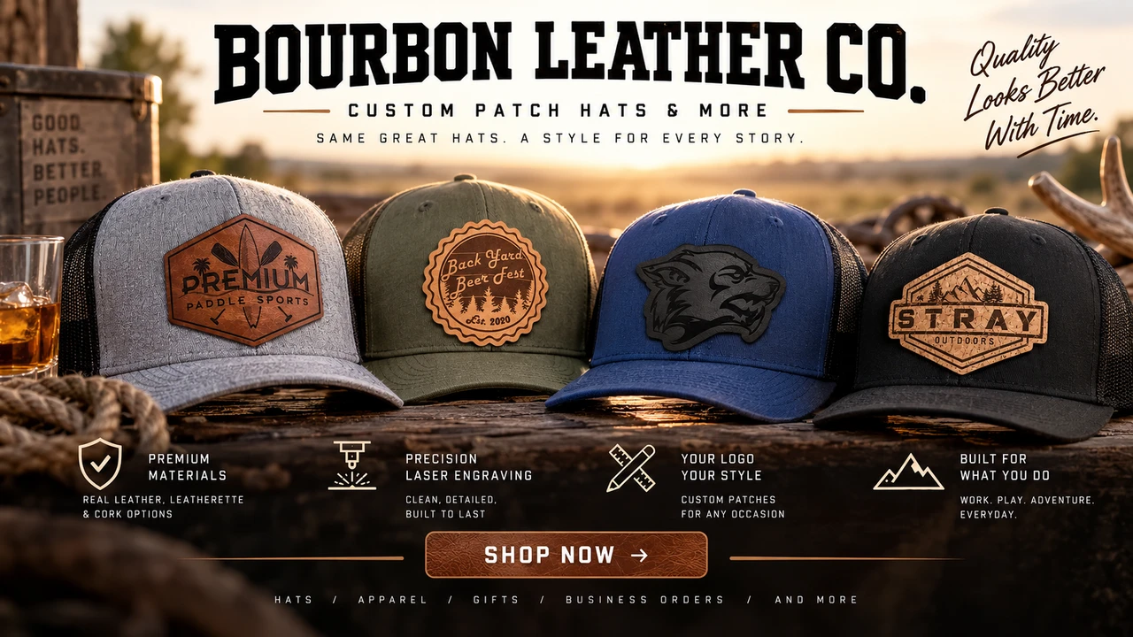 Custom leather patch hats by Bourbon Leather Co. featuring personalized engraved leather patches on Richardson, Flexfit, Zapped Blackhawk, 1010 and other premium hat styles.