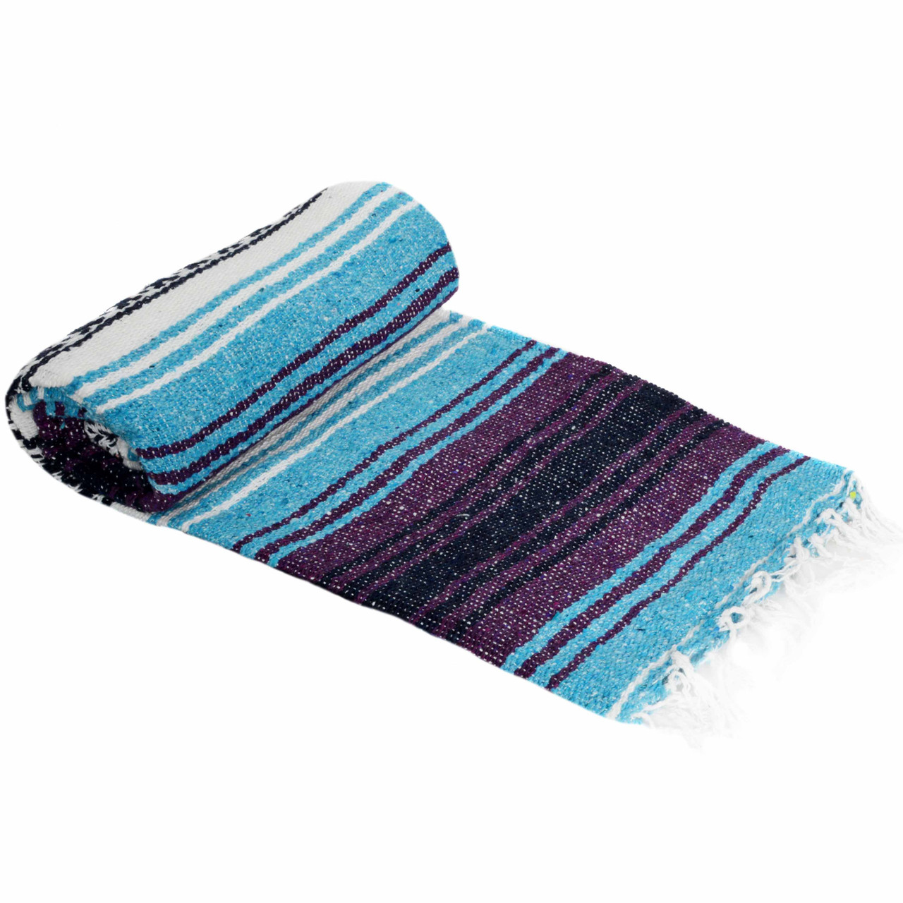 Turquoise Blue, Dark Purple, and White Mexican Blanket