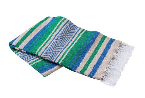 Royal Blue, Kelly Green and Tan Vera Cruz Mexican Blanket