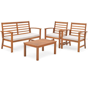 4 Pieces Outdoor Furniture Set with Stable Acacia Wood Frame-Beige - Color: Beige D681-HW72078WH