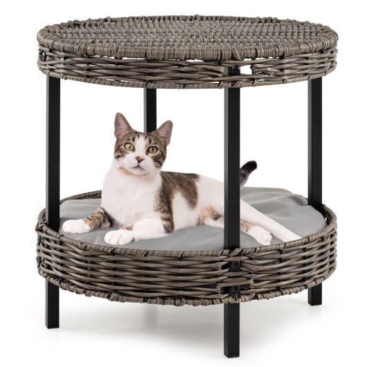 2-tier Rattan Cat Nest with Removable Padded Cushion-Gray B593-PV10296