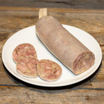 Schwartenmagen, Head Cheese - 14oz, sliced and whole head cheese on a white plate.