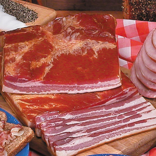 Hickory Smoked Sugar Cured Bacon - 1lb Package, sliced bacon with hickory smoking and sugar curing on a wooden cutting board.