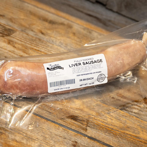 Leberwurst (Liverwurst) - 14oz, fully cooked liver sausage in vacuum-sealed packaging on wooden surface.