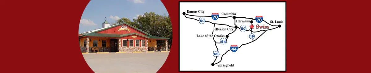 Exterior of Swiss Meats storefront alongside a map of Hermann Missouri