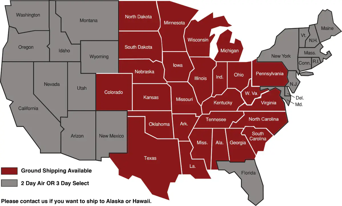Map of UPS shipping options by state. State list follows.