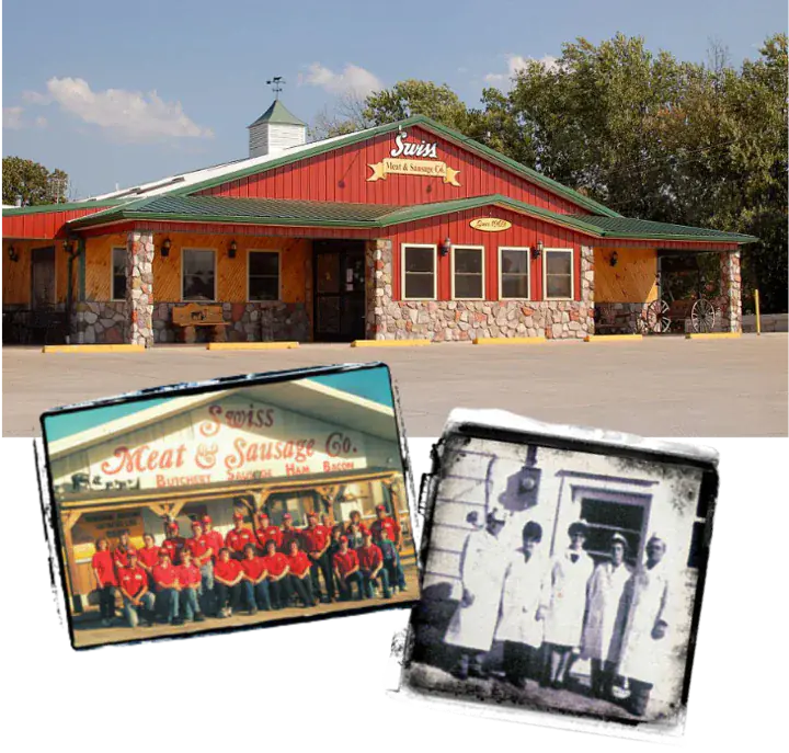 Swiss Meats building exterior and old staff photos