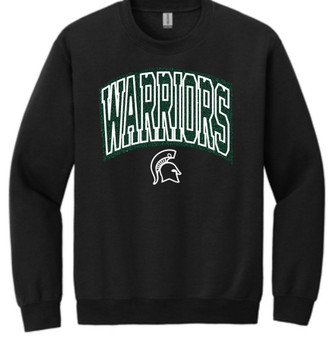 Warriors Travel Ball Collegiate Style Sequin Sweaters - Black Sweater, Dark Green Sequin, White Stitching