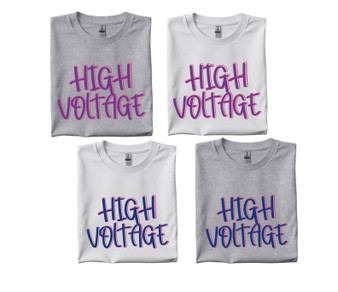“High Voltage” Handwritten font WHITE Tee - PURPLE PRINT