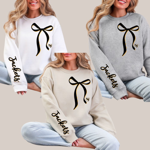 Black & Gold Jackets Bow & Sleeve Print Crewneck Sweater 