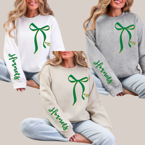 Green & Gold Hornets Bow & Sleeve Print Crewneck Sweater 