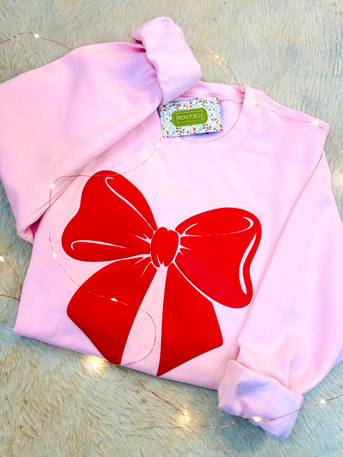 Red Puff Bow on Light Pink Crewneck Sweater