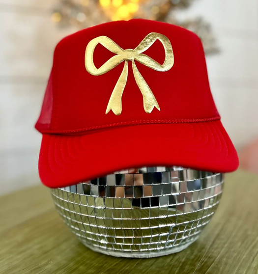 Red Trucker Hat with Gold Metallic Bow