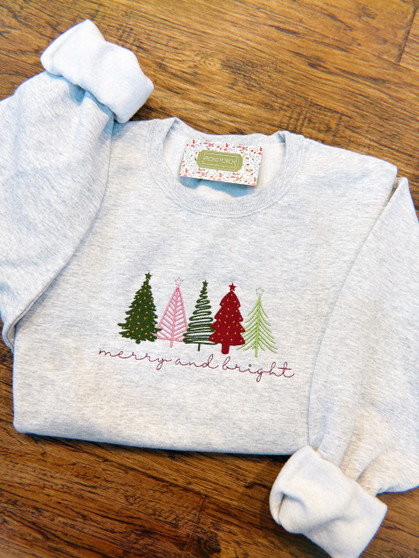 "Merry + Bright" Christmas Trees Embroidered Crewneck Sweater