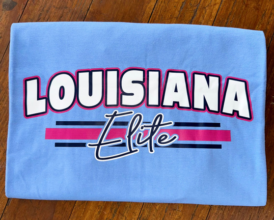 “Louisiana Elite” Navy, White, & Pink on Carolina Blue Screen Printed Tee