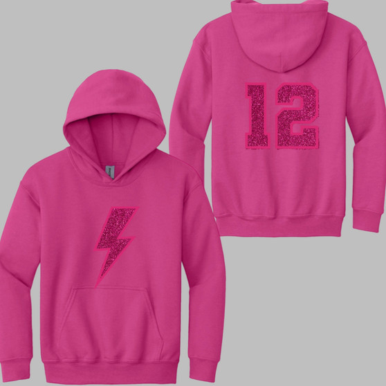 High Voltage Pink Glitter Bolt Gildan Hoodie with Optional glitter number 
