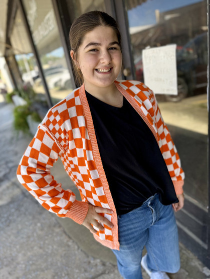 The Charli Orange Checkerboard Cardigan