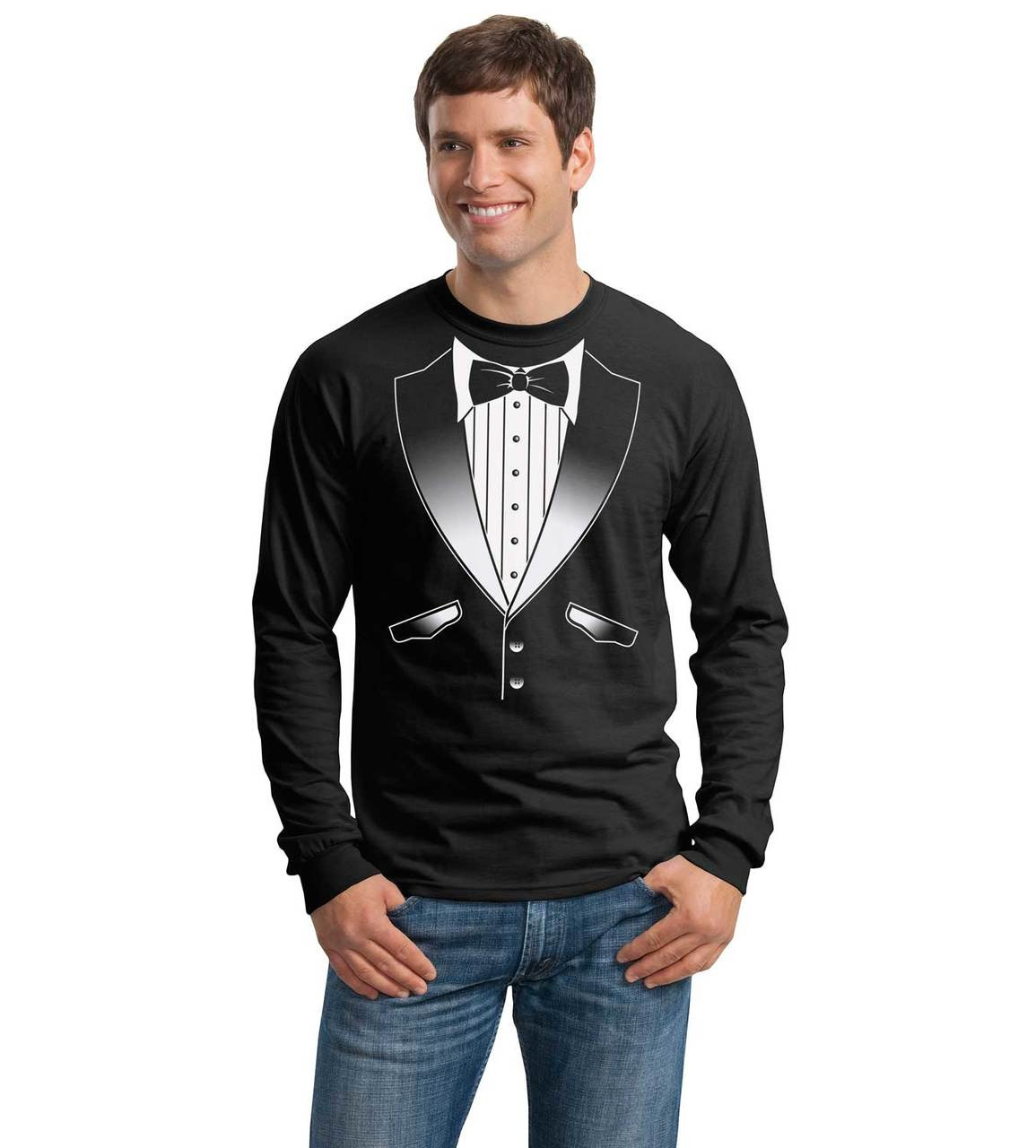 Tuxedo T-shirt Long Sleeve in with red carnation | Shop Men's Black Tees