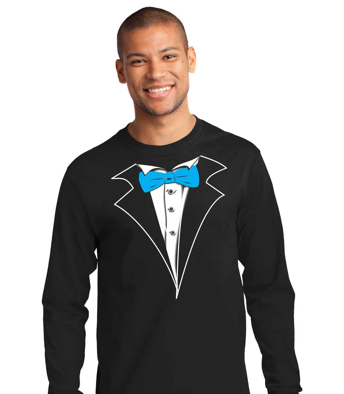 Tuxedo T-shirt Long Sleeve in Black with blue tie,no carnation