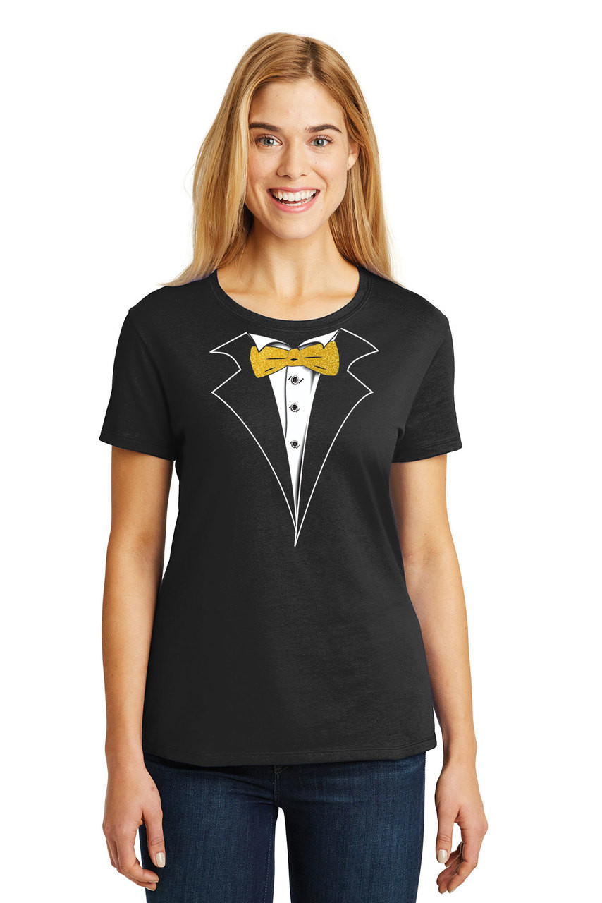 Ladies Tuxedo Tshirt on Black with a Gold Sparkle Tie Shop Women's Tuxedo Tees