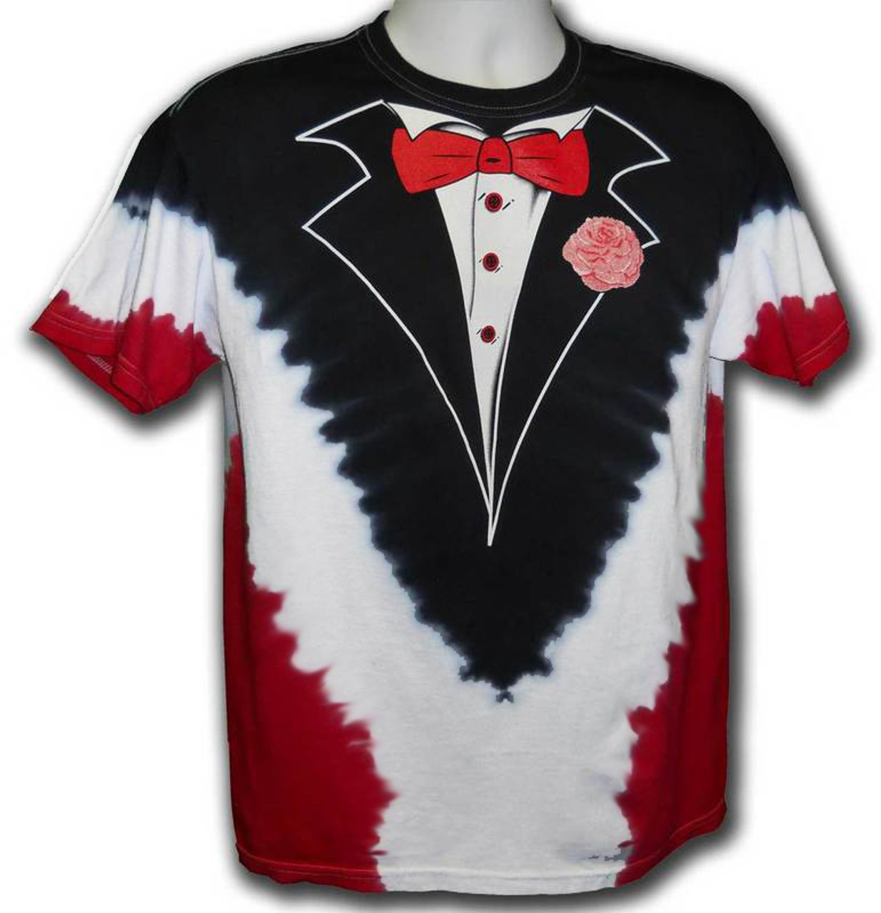 red white and black tie dye shirt