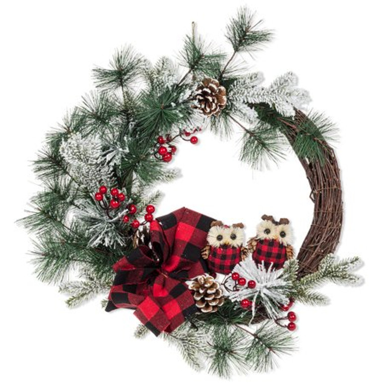 Wreath w Pine & Plaid Owls