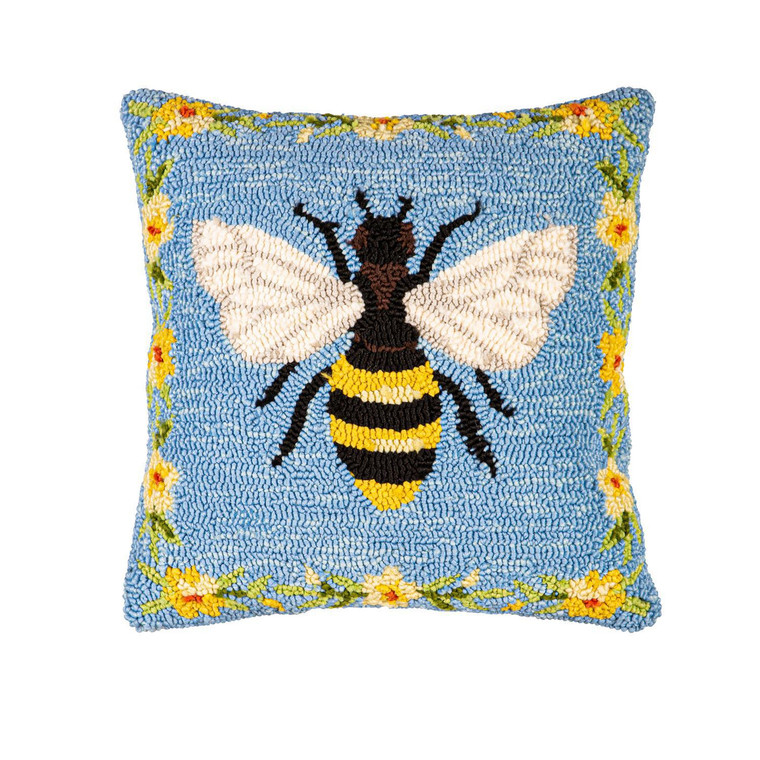 Bee and Flower Indoor/Outdoor Hooked Pillow