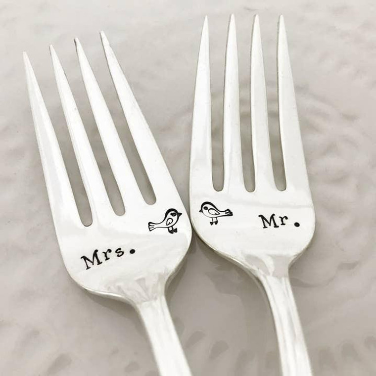 Mr. and Mrs. Love Birds, Silverplated Vintage Salad Forks