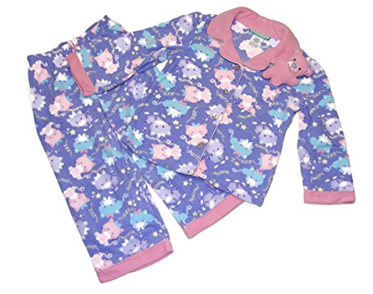 Girl's Fleece Purple Kitty Cat Pajama Set with Plush Fabric Teddy Bear,  Size 3T - Little Dreamers Pajamas
