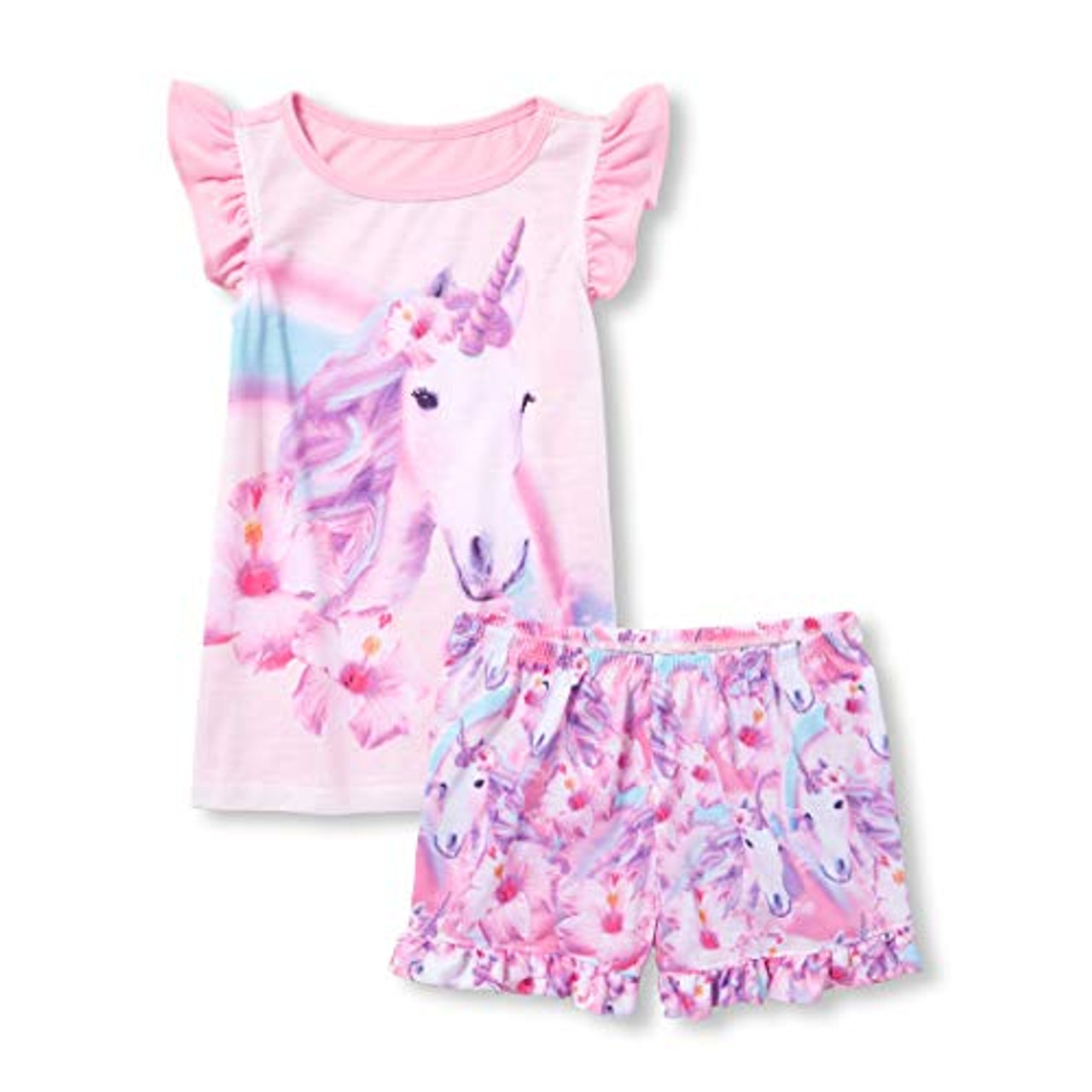 The Children's Place Girls' Unicorn Floral Pajama Shorts Set, Size
